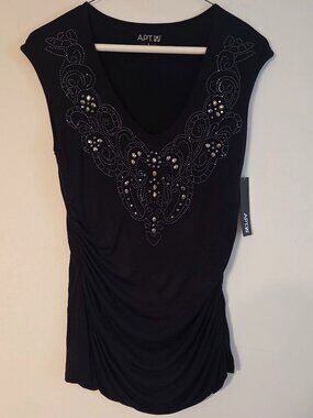APT.9 Black Sleeveless V Neck Side Gathered Top